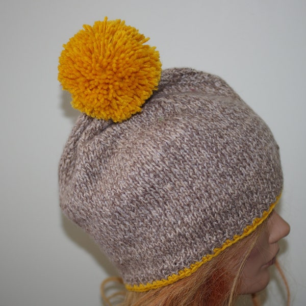 Pure Wool Brown Yellow Tweed Pom Pom Ski Hat