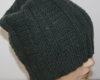 Green 6 Ply Cashmere Thick Heavy Hand Knitted Beanie Hat Made in NY