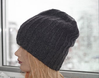 Pure Cashmere Gray Ribbed Hand Knit Beanie Hat