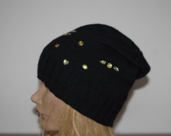 Black Merino Wool Silk Blend Thin Hand Knit Women Hat with yellow stones Size: small