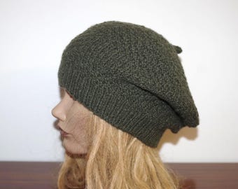 Green Cashmere Stitch Hand Knitted Beret Cap Large