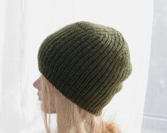 Green Peruvian Alpaca ribbed Hand Knitted Unisex Hat Made In New York