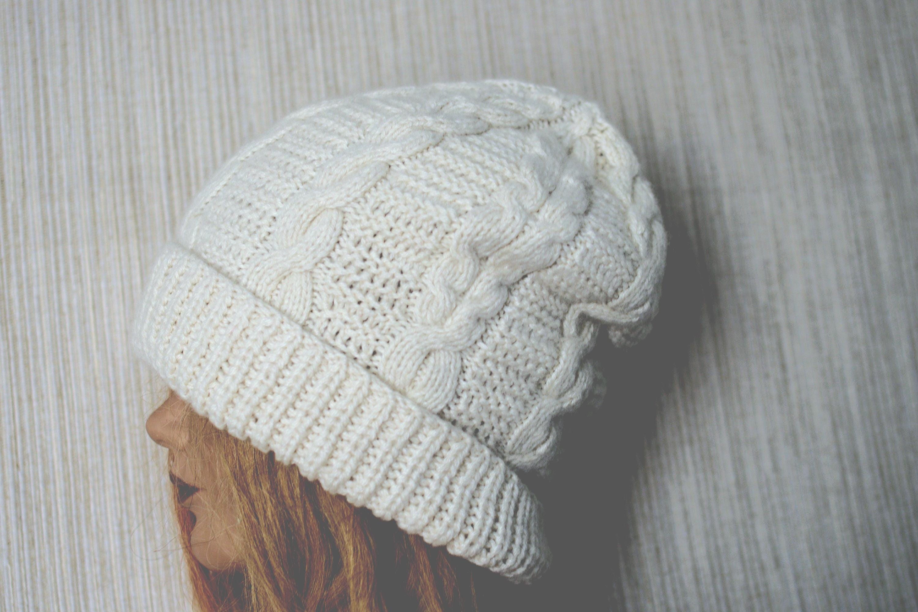 Cashmere Silk Blend Off White Cable Hand Knitted  Slouchy Beanie Made in New York