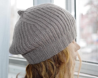 Taupe Brown Thick Ribbed Hand Knitted Beret Cap Made in USA