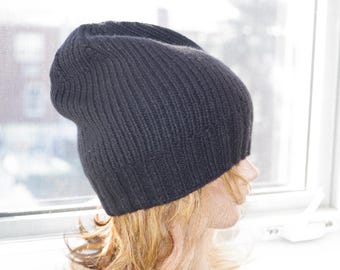 Black Pure 6 Ply Cashmere Ribbed Hand Knit Beanie Hat