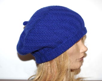 Pure Cashmere royal blue hand knitted beret USA