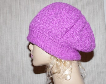 Merino Wool and  Cashmere Blend  Pink Purple Cable Hand Knit Beret Size:Small
