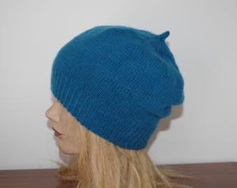 Pure Cashmere Marine Blue Hand Knitted Beret Cap Hat