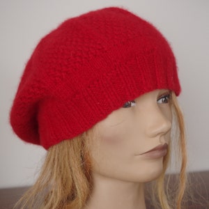 Red Pure Italian 8 Ply Cashmere Hand Knit Beret Size: Large