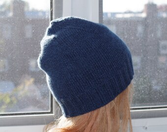 Heathered Blue 6 Ply Cashmere  beanie Thick Hand Knit Beanie Hat