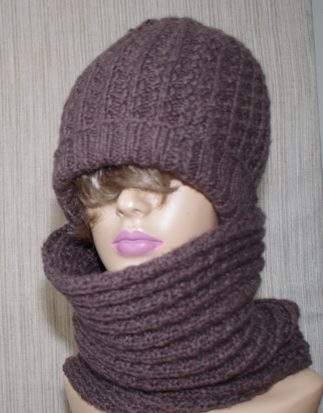 Wool Acrylic Blend Gray Brown Hand Knit Hat and Neck Warmer Etsy