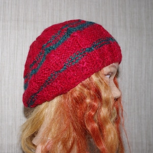 Mohair  Merino Wool Blend Red Green Striped Hand Cable Knitted Soft  Beret