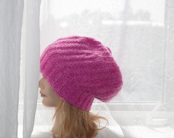 Cashmere Merino wool Blend Pink Hand Knitted Beret Hat