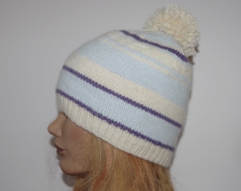 Cashmere Angora White Blue Purple Striped Hand Knit Pom Pom Ski Hat Size Small