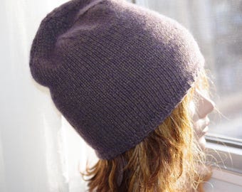 Cashmere Tweed Gray Purple Hand Knitted Beanie Hat