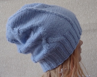 8 Ply Cashmere  Baby Blue Hand Knit Thick Soft Beanie Hat