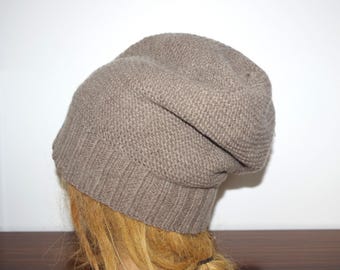 Taupe Brown 8 Ply Cashmere Hand Knit Slouchy Heavy  Oversize Beanie Hat BIG SIZE Made in USA