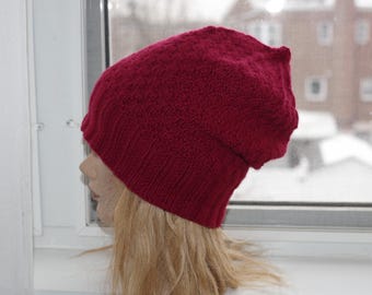 Burgundy Red Cashmere Thick Hand Knitted Hat Cap