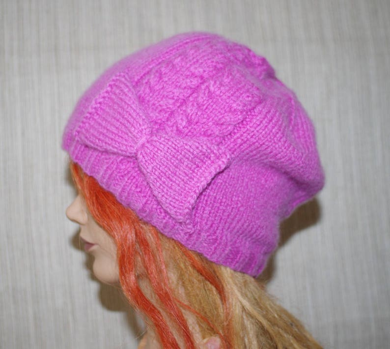 Pure 8 Ply Cashmere Pink Cable Hand Knit Hat with Bow