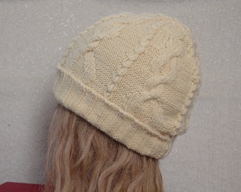 Yelow Cashmere Cotton Blend Cable Hand Knit Beanie Hat