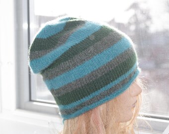 Pure Cashmere Striped blue green gray hand knitted beanie hat