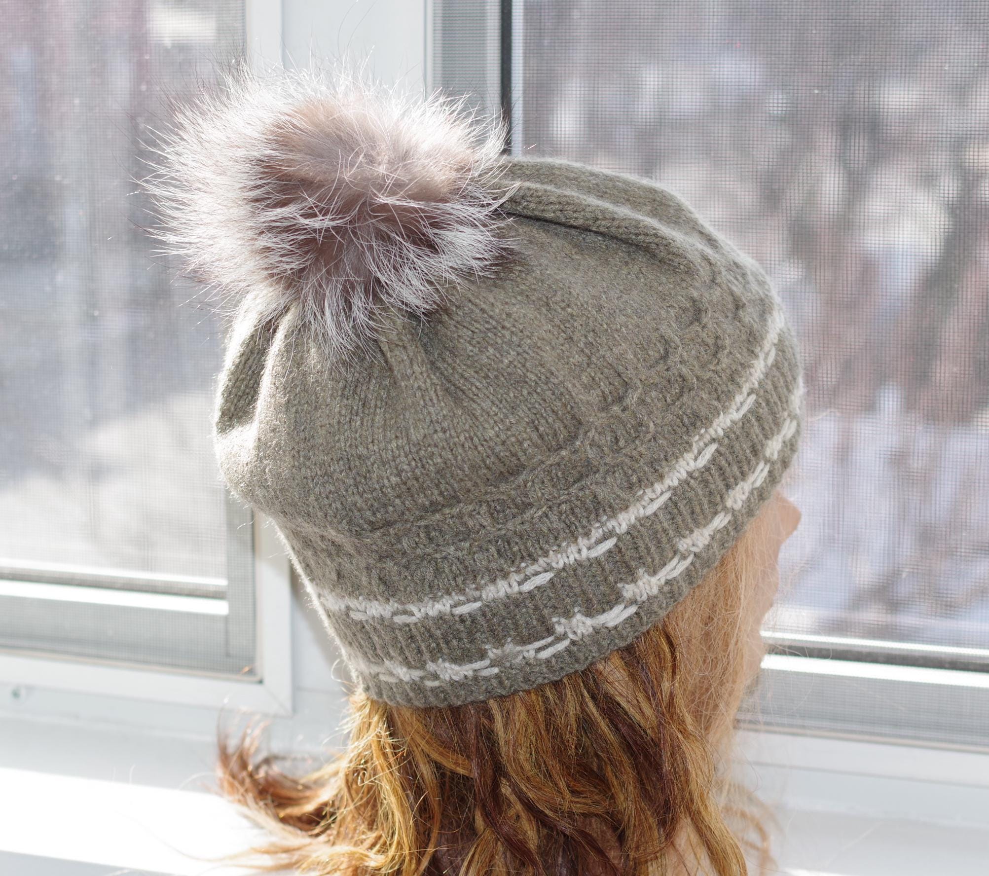 Pure Cashmere Green Beige Fur Pom Pom Hand Knit Soft Hat - Etsy display picture 2