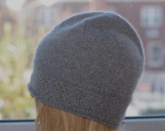 Gray Pure Italian Cashmere Hand Knitted Beanie Hat Cap Made in New York