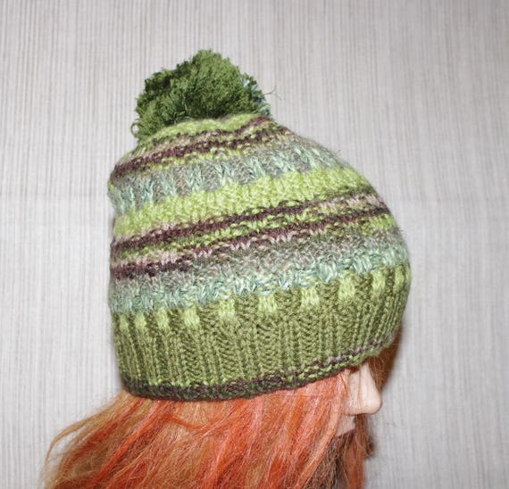 Merino Wool ,green,brown Striped Colorful Hand Knit Hat  display picture 2