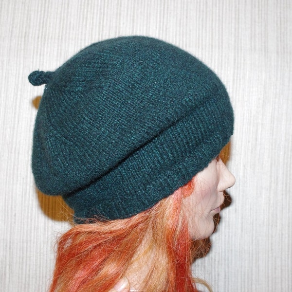 Pure Cashmere Green Black Tweet Hand Knit French Beret Hat