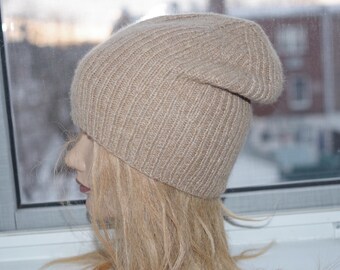 Ribbed Cashmere  Beige Tan Ribbed  Soft Hand Knit Hat SIZE:SMALL