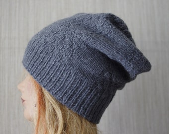 Gray Thick Hand Ktitted 8 Ply Italian Cashmere Reversible  Unisex Beanie Hat