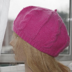 Pink Pure Italian Cashmere Cable Hand Knitted Beret