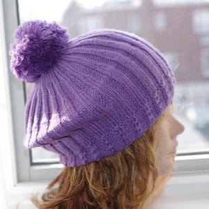 Purple Lavender Extra Fine Italian Merino Wool Ribbed Hand Knitted Pom Hat