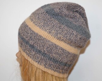 6 Ply Pure Cashmere Thick Tweed Gray Beige Striped Beanie Hat Made in NYC