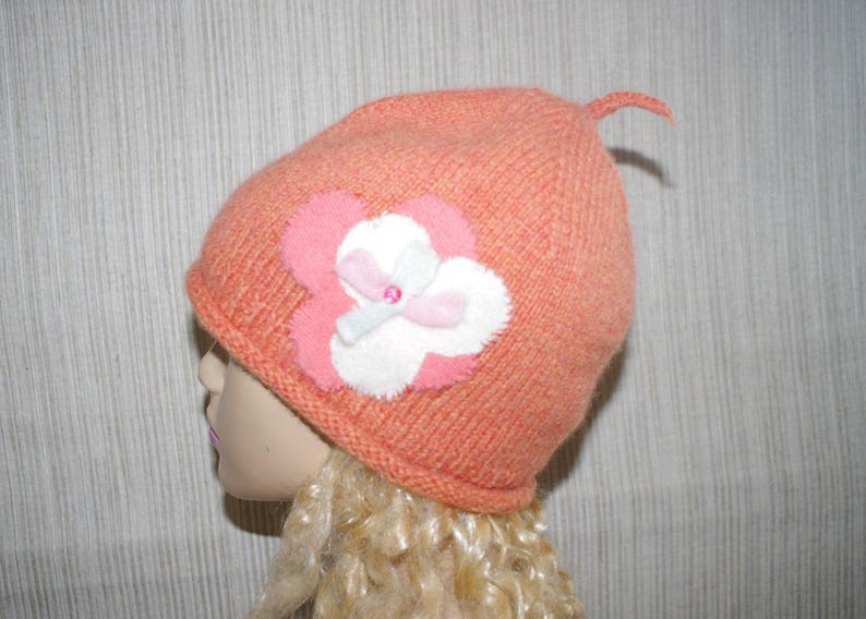 Pure Italian Cashmere Orange Flower Hand Knitted Super Soft Beanie Hat