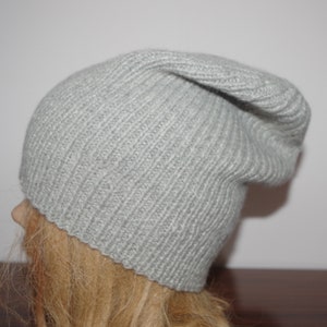 Heather gray Pure 6 Ply Cashmere Ribbed Hand Knit Beanie Hat