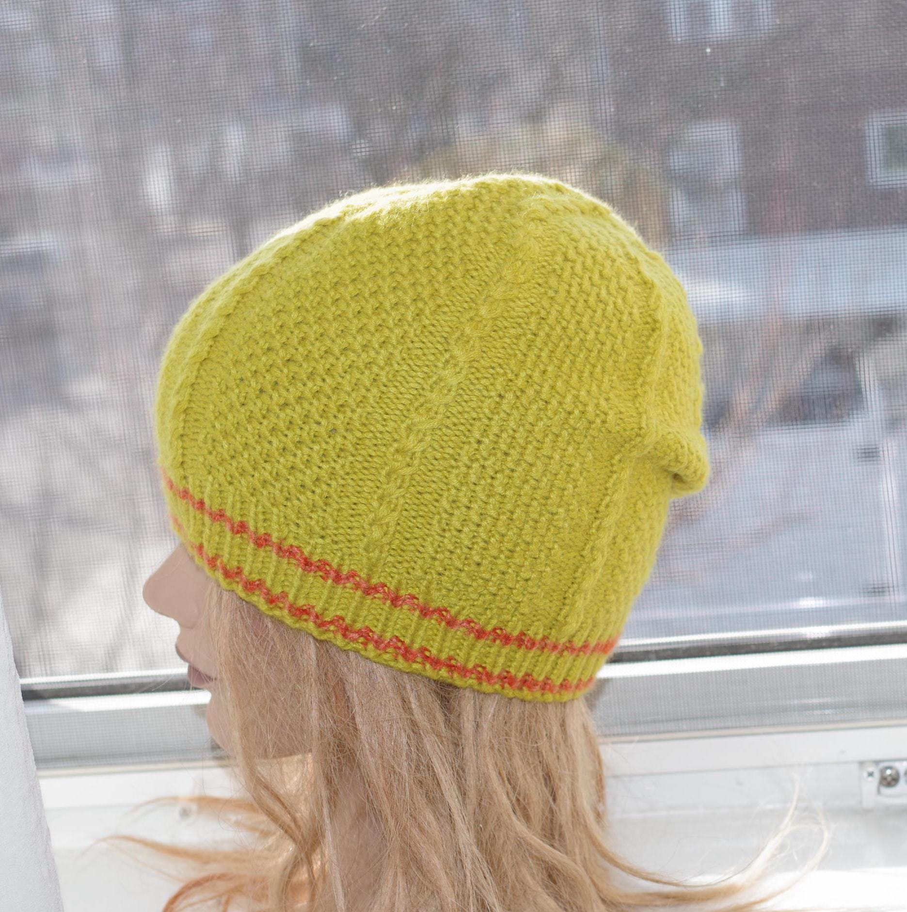 Pure Cashmere Mustard yellow Hand Knitted Beanie Hat Size:Small