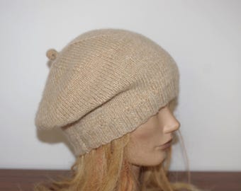 Beige Cashmere Hand Knitted Thick Beret Cap Hat