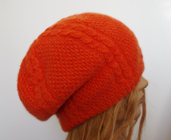 Orange cashmere Beret Large Orange Cashmere Scarf with Fringes | Asneh main image 4