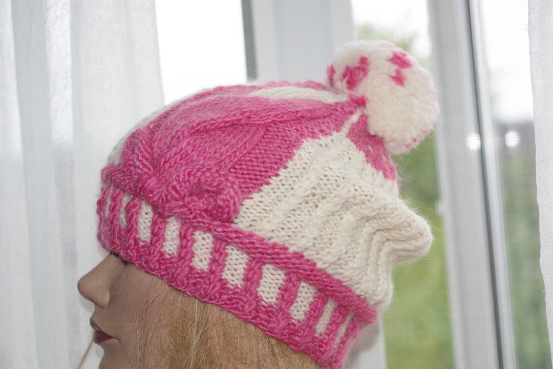 ?Women - 2 Pom Cable Knit Winter Warm Fleece Hat - Wool Snow Cuff Pink Ski Cap Snow Bunny Pom Hat | Wine – Pigment main image 3