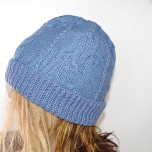 8 Ply Cashmere Sky Blue Hand Cable  Knit Thick Soft Slouchy Beanie Hat