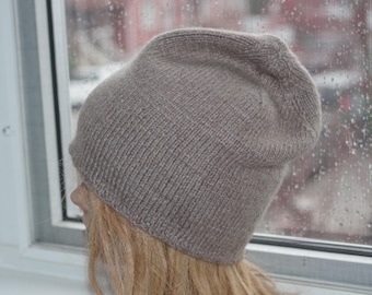 Taupe Cashmere Thick Hand Knitted Beanie Hat in USA