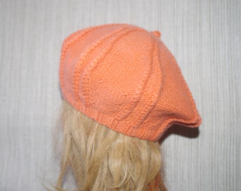 Orange Pure Cashmere Hand knit Beret Hat for Women