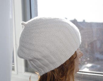 White 8 Ply Cashmere Hand Knitted Cap Beret Hat