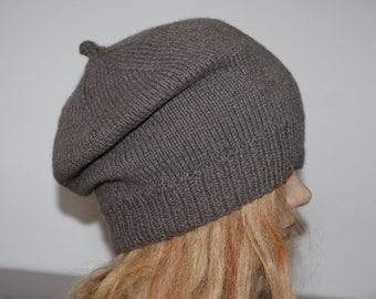 Pure Cashmere Taupe Brown Hand Knit Beret Hat