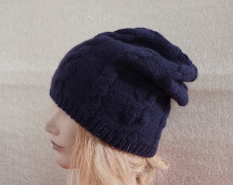 Navy Blue 8 Ply Cashmere Cable Hand Knit Warm Winter Beanie Hat Size:Medium