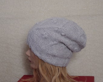Cashmere Silk Cable Hand Knit Gray Beanie Hat