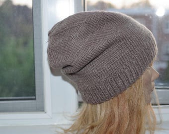8 Ply Cashmere Taupe Brown Hand Knitted Thick Beanie Hat Large