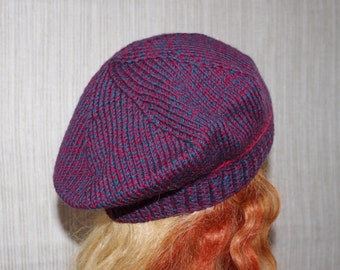 100% Wool Hand Knitted  Red and Green Tweed beret