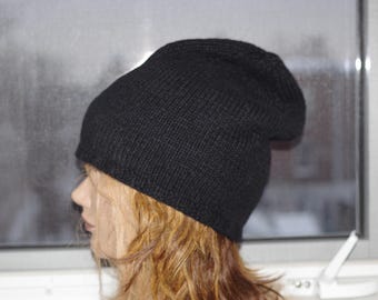 10 Ply Cashmere Black Thick Hand Knitted Beanie Hat Cap